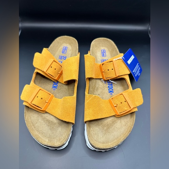 New! BIRKENSTOCK Arizona Women's Soft Bed Suede Mules Yellow Orange Size US 6 - Picture 15 of 16
